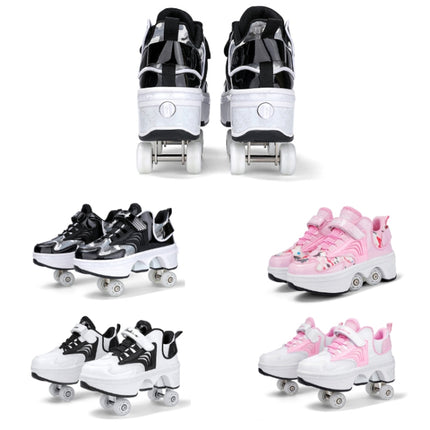 DF03 Children Walking Shoes Four-wheel Retractable Roller Skates, Size:40(Leather Pink)-garmade.com