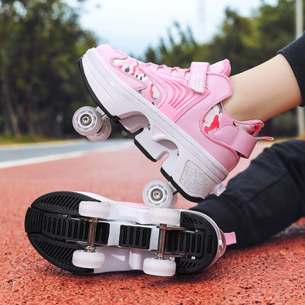 DF03 Children Walking Shoes Four-wheel Retractable Roller Skates, Size:40(Leather Pink)-garmade.com