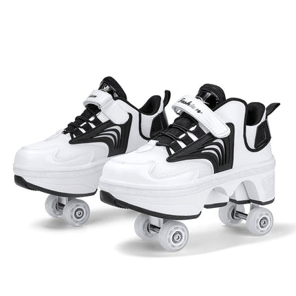 DF03 Children Walking Shoes Four-wheel Retractable Roller Skates, Size:34(Mesh White Black)-garmade.com