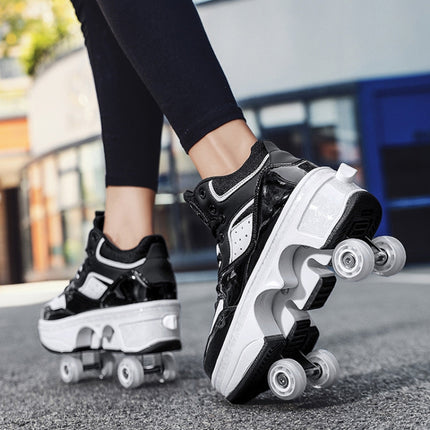 DF06 Walking Shoes Four-wheel Retractable Roller Skates, Size:36(Milky White Black)-garmade.com
