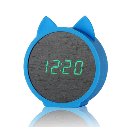 Creative Cat Shape Children Environmental Protection Silicone Wooden Silent LED Electronic Alarm Clock, Style:Upgrade(Green Light + Blue)-garmade.com