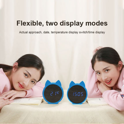 Creative Cat Shape Children Environmental Protection Silicone Wooden Silent LED Electronic Alarm Clock, Style:Upgrade(Green Light + Blue)-garmade.com
