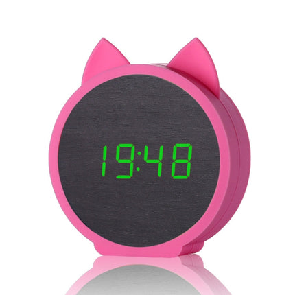Creative Cat Shape Children Environmental Protection Silicone Wooden Silent LED Electronic Alarm Clock, Style:Upgrade(Green Light + Pink)-garmade.com