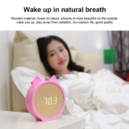 Creative Cat Shape Children Environmental Protection Silicone Wooden Silent LED Electronic Alarm Clock, Style:Upgrade(Green Light + Pink)-garmade.com