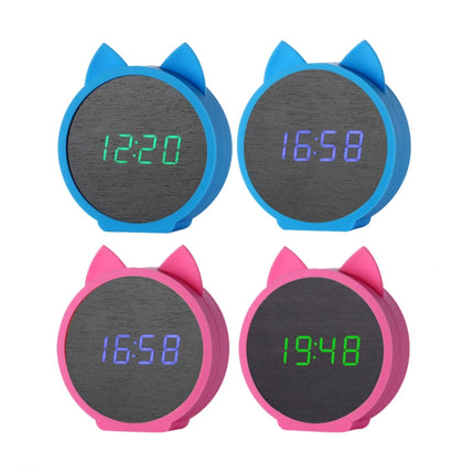 Creative Cat Shape Children Environmental Protection Silicone Wooden Silent LED Electronic Alarm Clock, Style:Upgrade(Blue Light + Pink)-garmade.com