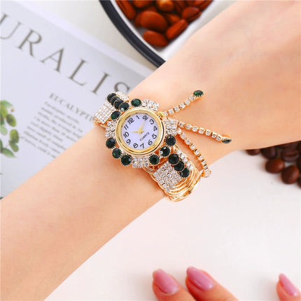 Ladies Bracelet Watch Quartz Watch Personality Wild Watch with Diamonds Pendant(Green)-garmade.com