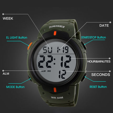 SKMEI 1068 Men Waterproof Outdoor Sports Digital Watch Student Fashion Watch(ArmyGreen)-garmade.com