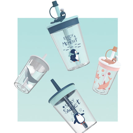 Children Cartoon Marine Animal Straw Drinking Cup Safe And Environmentally Friendly Plastic Drinking Cup(Light Grey)-garmade.com