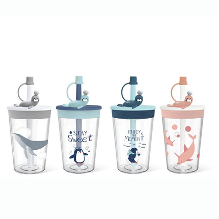 Children Cartoon Marine Animal Straw Drinking Cup Safe And Environmentally Friendly Plastic Drinking Cup(Light Grey)-garmade.com