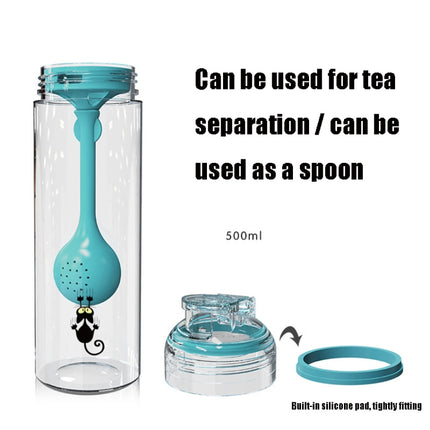 Cartoon Cat Pattern Tea Water Separation Plastic Cup With Spoon(Black)-garmade.com