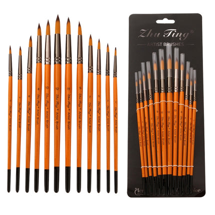 ZHU TING 12 PCS / Set Short Wooden Pole Nylon Hair Watercolor Hook Line Brush Nail Oil Painting Stroke Brush-garmade.com