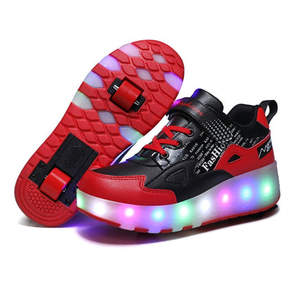 E68 Two-Wheeled Children Skating Shoes Rechargeable Light Wheel Shoes, Size: 27(Black And Red)-garmade.com