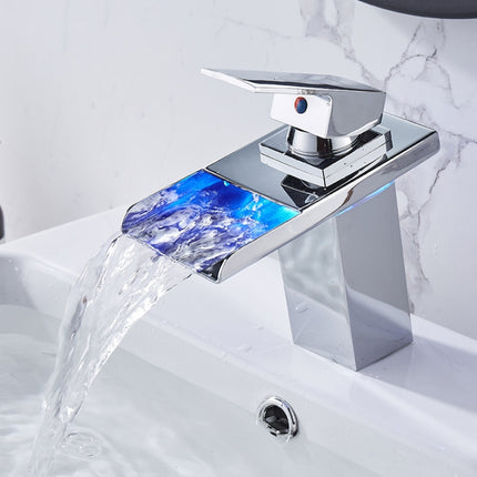 LED Three Lights Hot Cold Water Faucet Bathroom Waterfall Faucet CN Plug(Electroplating Silver)-garmade.com