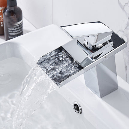 LED Three Lights Hot Cold Water Faucet Bathroom Waterfall Faucet CN Plug(Electroplating Silver)-garmade.com