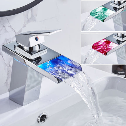 LED Three Lights Hot Cold Water Faucet Bathroom Waterfall Faucet CN Plug(Electroplating Silver)-garmade.com