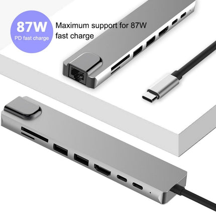 WC7367 8 in 1 87W Type-C to PD+USB3.0x2+SD+TF+HDMI+RJ45+Type-c Docking Station HUB-garmade.com