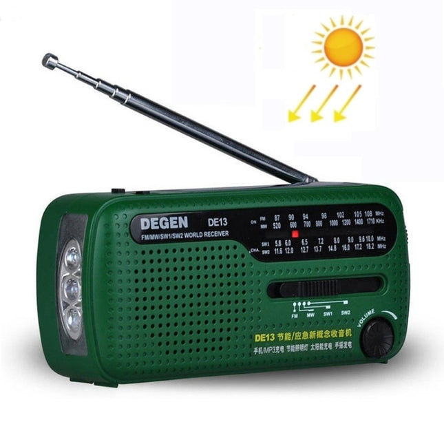 DE13 Hand-Cranked Power Full Band Solar Charging Emergency Outdoor Radio(Green)-garmade.com