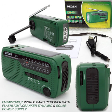 DE13 Hand-Cranked Power Full Band Solar Charging Emergency Outdoor Radio(Green)-garmade.com