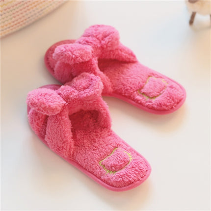 Furry Home Slippers Short Plush Indoor Home Slippers Owknot Slippers Women, Size: 36-37(Rose Red)-garmade.com