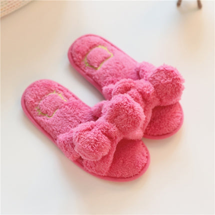 Furry Home Slippers Short Plush Indoor Home Slippers Owknot Slippers Women, Size: 38-39(Rose Red)-garmade.com