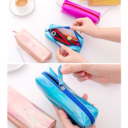 Iridescent Laser Pencil Case PU School Stationery Gift Cute Pencil Box(Silver)-garmade.com