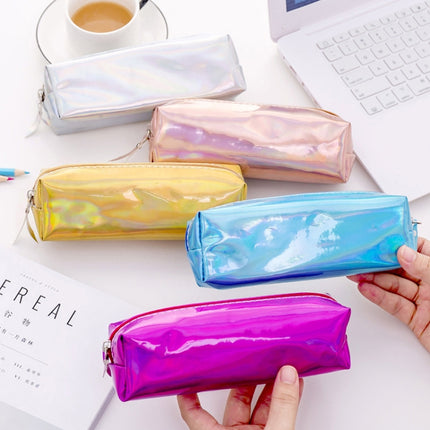 Iridescent Laser Pencil Case PU School Stationery Gift Cute Pencil Box(Blue)-garmade.com