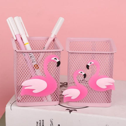Cartoon Pink Metal Hollow Penholder Square Stationery Storage Box Manage Case Pencil Pen Holder Stand(Double Flamingo)-garmade.com