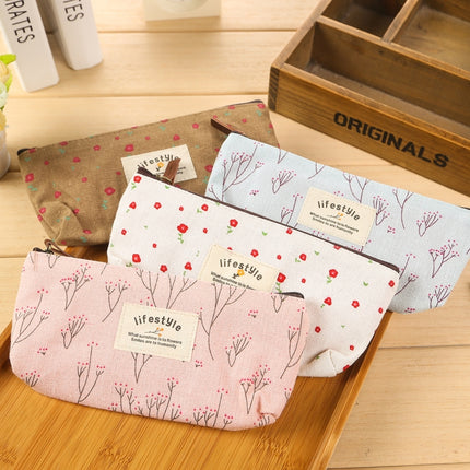 Cute Floral Canvas Zipper Pencil Cases Flower Tree Pen Bags(Light blue)-garmade.com