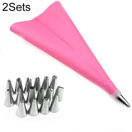 2 Sets Reusable Silicone Pastry Bag Cake Decorating Tools with 16 Nozzles Tips(Pink)-garmade.com
