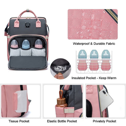 LEQUEEN Portable Folding Crib Sunshade Mommy Backpack(Pink Gray)-garmade.com
