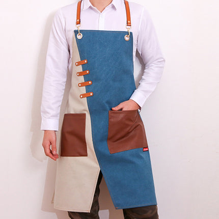 Denim Apron Barber Milk Tea Shop Waiter Overalls(Blue-white Hook Strap)-garmade.com