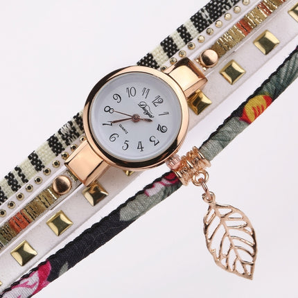 Ladies Quartz Bracelet Watch with Leaf Shape Pendant(White)-garmade.com