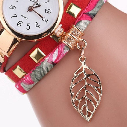 Ladies Quartz Bracelet Watch with Leaf Shape Pendant(Red)-garmade.com