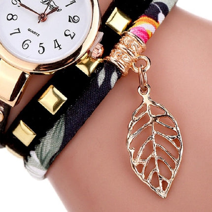 Ladies Quartz Bracelet Watch with Leaf Shape Pendant(Black)-garmade.com