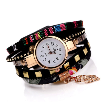 Ladies Quartz Bracelet Watch with Leaf Shape Pendant(Black)-garmade.com