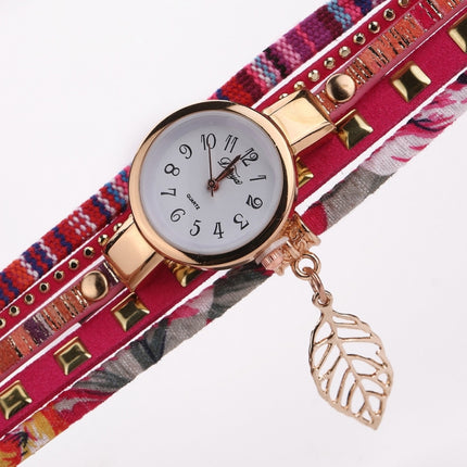 Ladies Quartz Bracelet Watch with Leaf Shape Pendant(Rose Red)-garmade.com
