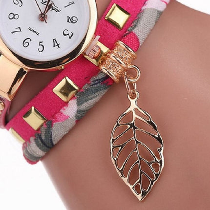 Ladies Quartz Bracelet Watch with Leaf Shape Pendant(Rose Red)-garmade.com