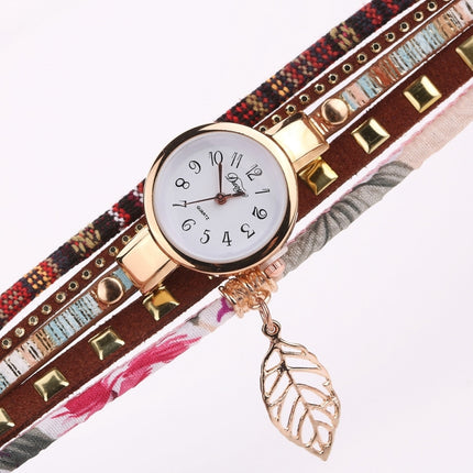 Ladies Quartz Bracelet Watch with Leaf Shape Pendant(Brown)-garmade.com