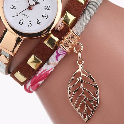 Ladies Quartz Bracelet Watch with Leaf Shape Pendant(Brown)-garmade.com