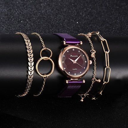 Ladies Magnet Buckle Watch Casual Flower Dial Watch Alloy Mesh Quartz Watch(Purple+No.1 Bracelet)-garmade.com