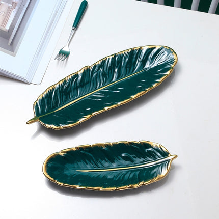 Phnom Penh Ceramic Dessert Plate Feather Plate Banana Leaf Fruit Dried Fruit Storage Tray, Size: Large （Bright Emerald)-garmade.com