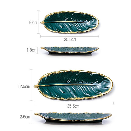 Phnom Penh Ceramic Dessert Plate Feather Plate Banana Leaf Fruit Dried Fruit Storage Tray, Size: Large （Bright Emerald)-garmade.com