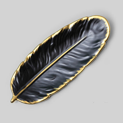 Phnom Penh Ceramic Dessert Plate Feather Plate Banana Leaf Fruit Dried Fruit Storage Tray, Size: Large (Matt Black)-garmade.com