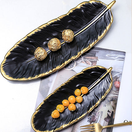 Phnom Penh Ceramic Dessert Plate Feather Plate Banana Leaf Fruit Dried Fruit Storage Tray, Size: Large (Matt Black)-garmade.com