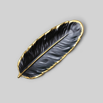 Phnom Penh Ceramic Dessert Plate Feather Plate Banana Leaf Fruit Dried Fruit Storage Tray, Size: Small (Matte Black)-garmade.com