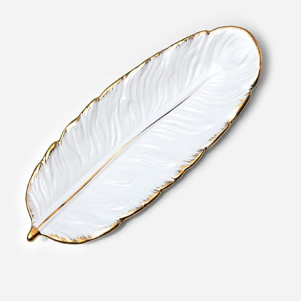 Phnom Penh Ceramic Dessert Plate Feather Plate Banana Leaf Fruit Dried Fruit Storage Tray, Size: Large (Matte White)-garmade.com