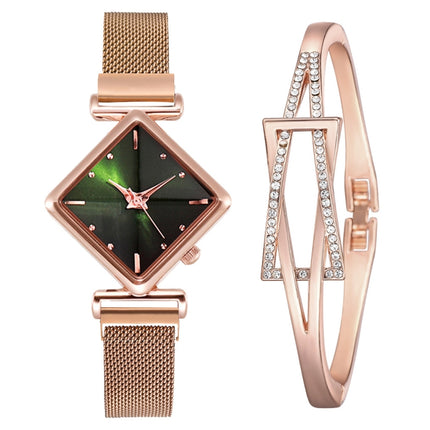 2 PCS Ladies Diamond Dial Quartz Watch, Colour: Rose Gold Green + Bracelet-garmade.com