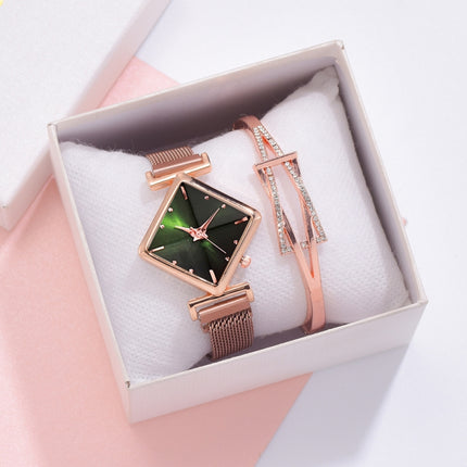 2 PCS Ladies Diamond Dial Quartz Watch, Colour: Rose Gold Green + Bracelet-garmade.com