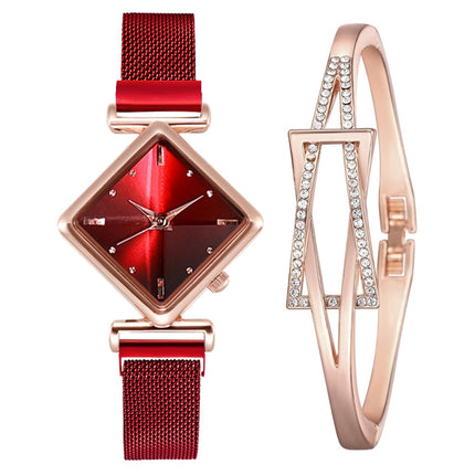 2 PCS Ladies Diamond Dial Quartz Watch, Colour: Red + Bracelet-garmade.com