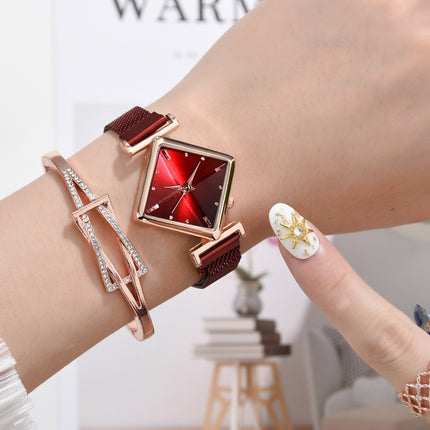 2 PCS Ladies Diamond Dial Quartz Watch, Colour: Red + Bracelet-garmade.com